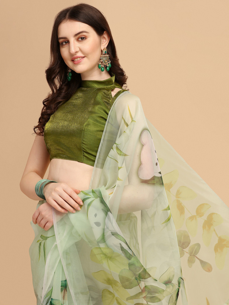 Buy Ethnic Junction Floral Print Bollywood Organza Green Sarees Online Best Price In India Flipkart