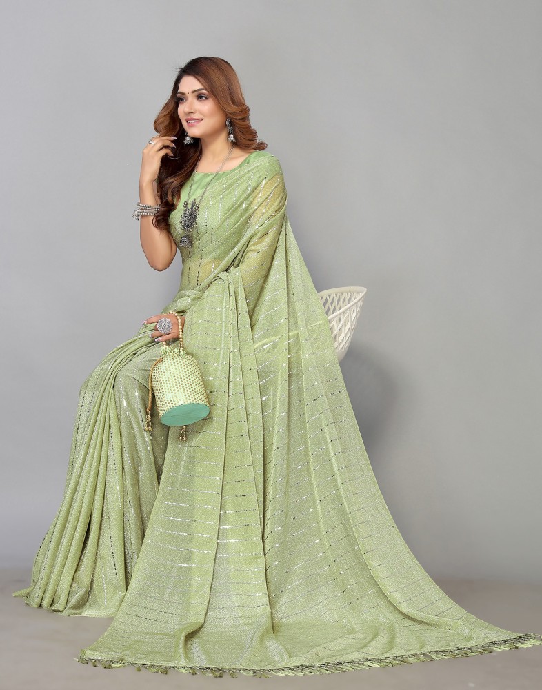 Satrani Pista Green Embroidered Saree With Unstitched Blouse