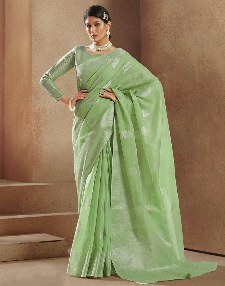 Buy Siril Woven, Self Design, Embellished Banarasi Linen Green, Silver  Sarees Online @ Best Price In India