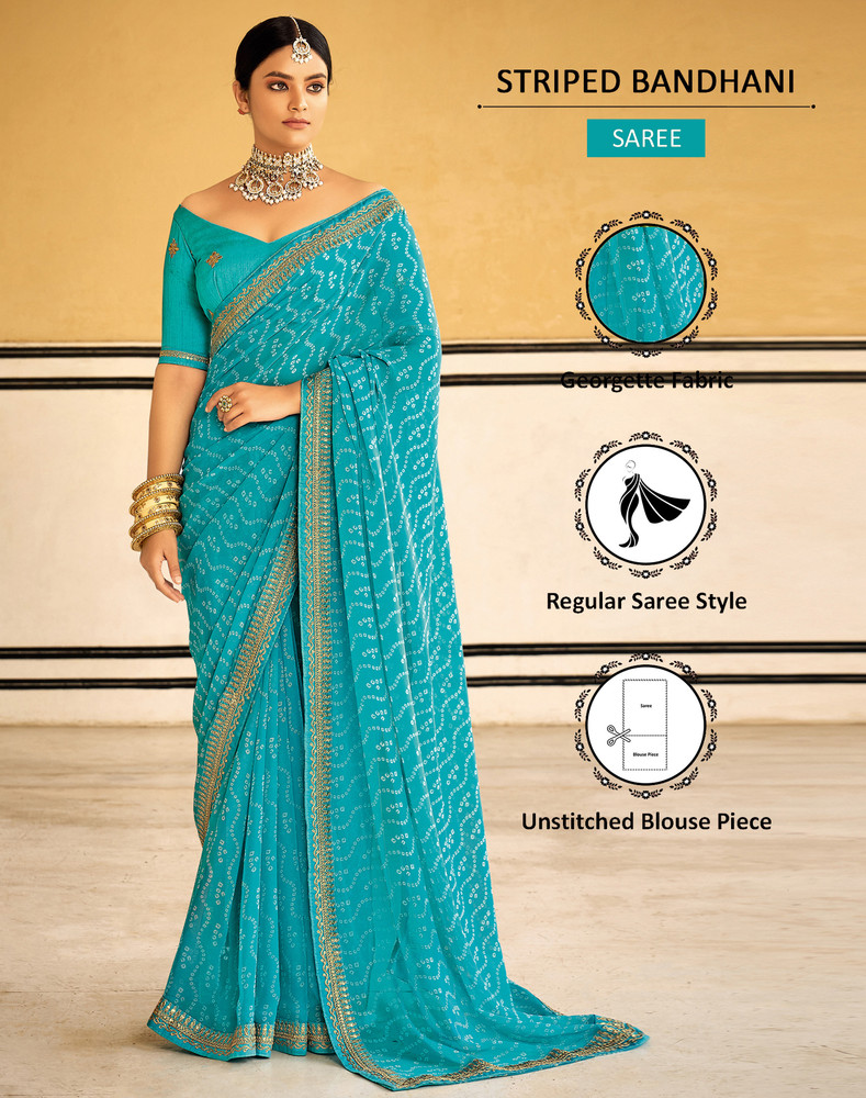 Buy SIRIL Striped Embellished Bandhani Georgette Light Blue White Sarees Online Best Price In India Flipkart