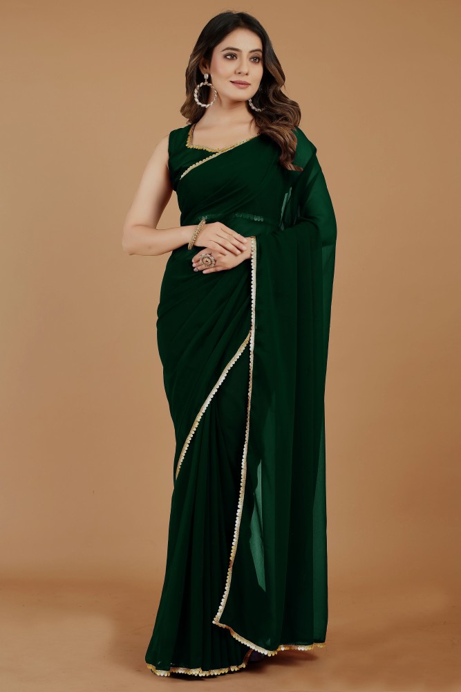 Buy online Women's Solid Dark Green Colored Saree With Blouse from ethnic  wear for Women by Sidhidata Textile for ₹479 at 84% off