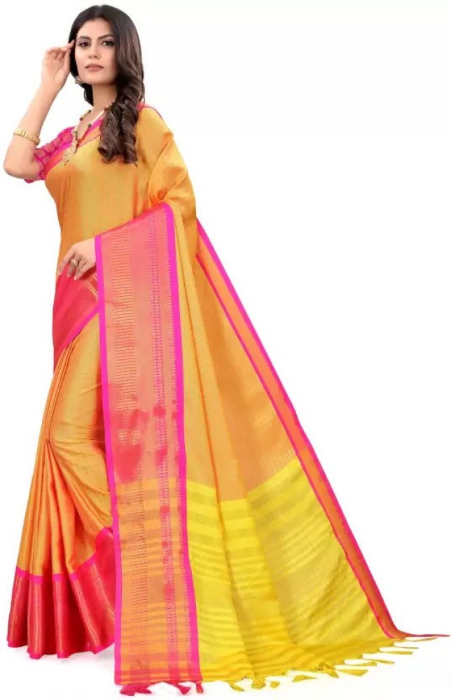 Buy RADHE FASHION LLP Printed Kanjivaram Jacquard Yellow Sarees