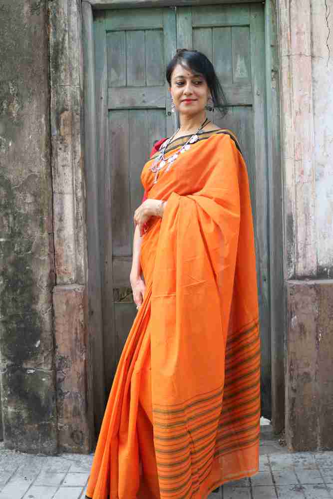 Buy NAMEG ANALYTICS Self Design Handloom Cotton Silk Orange Sarees