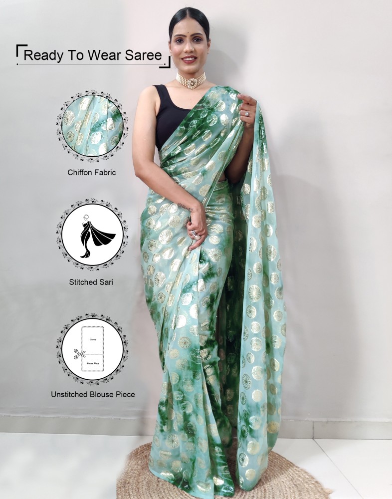 Pre-stitched Ready to Wear Lycra Saree with Sequin Crop Top in Dark Green |  Bengal Looms