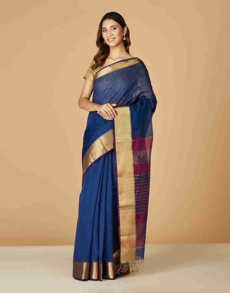 Silk Blend Navy Blue Striped Saree With Blouse Piece
