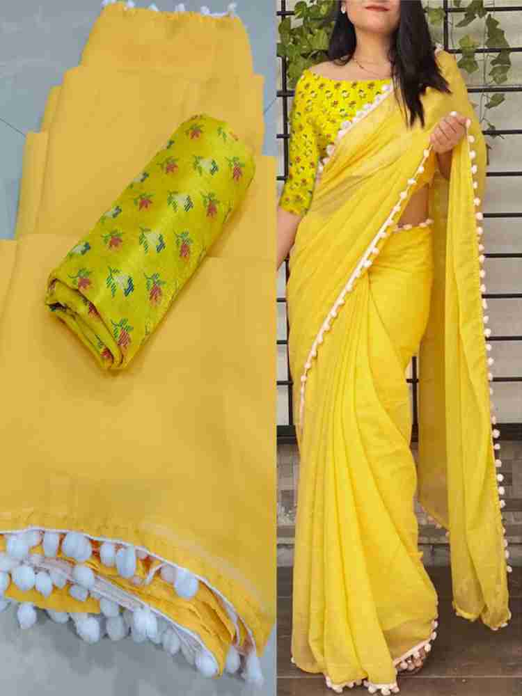 Buy Sareez House Solid/Plain Daily Wear Georgette Yellow Sarees