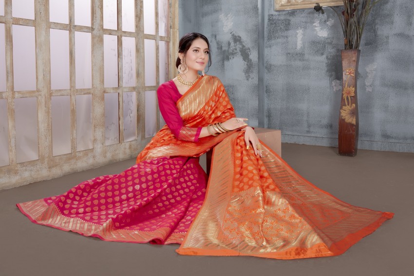 Buy Sariya Woven Banarasi Silk Blend, Jacquard Pink, Orange Sarees