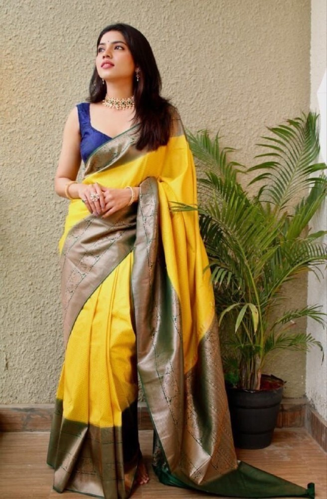 Buy VISVASTA Self Design Kanjivaram Jacquard, Art Silk Yellow Sarees Online @ Best Price In India | Flipkart.com