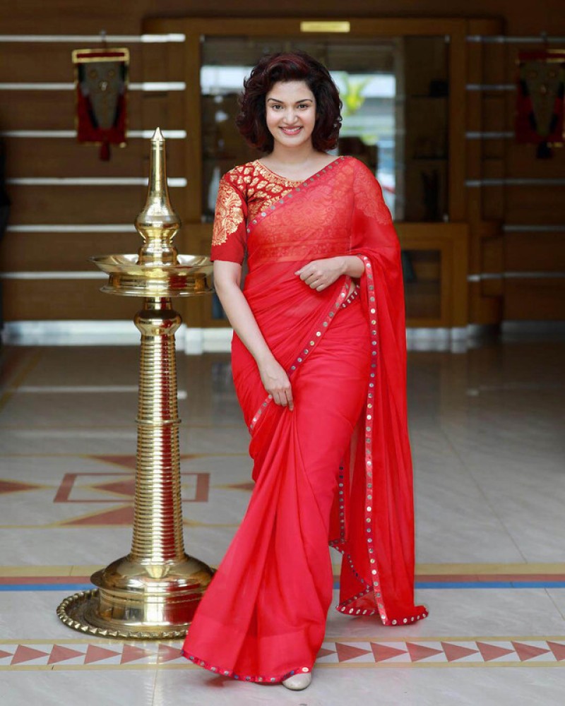 Buy Sareez House Solid/Plain Daily Wear Georgette Red Sarees Online @ Best  Price In India