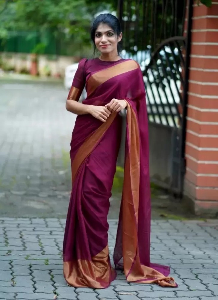 Buy NEW SARES Solid/Plain Daily Wear Cotton Silk Purple Sarees Online @ Best  Price In India
