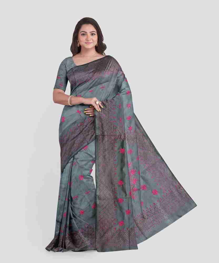 Buy Grey Thread Work Lycra Saree Online