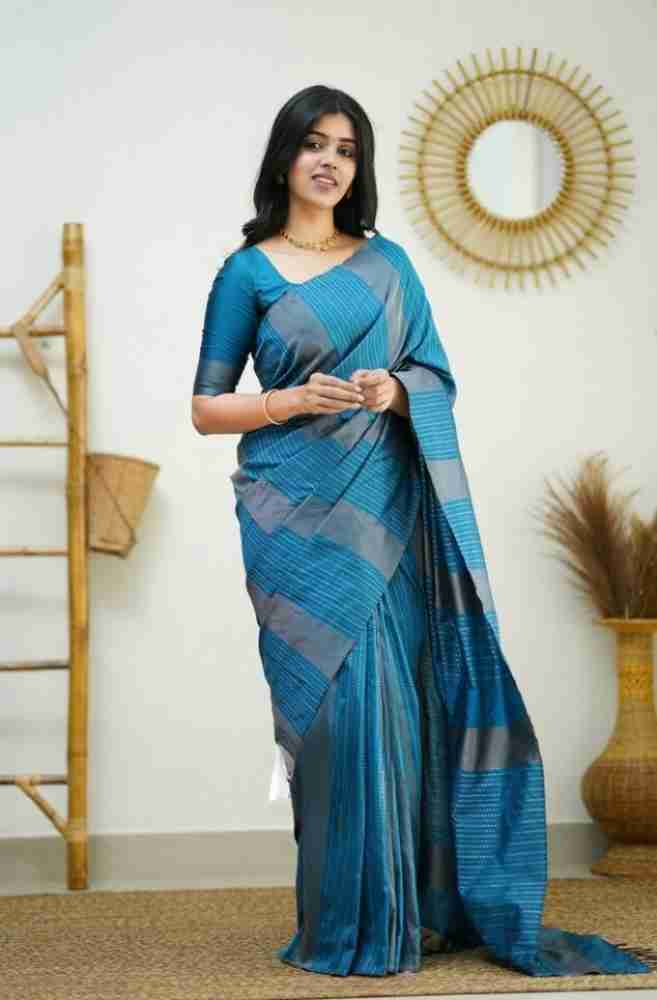 Buy LOOKOUT Woven Kanjivaram Silk Blend Blue Sarees Online @ Best