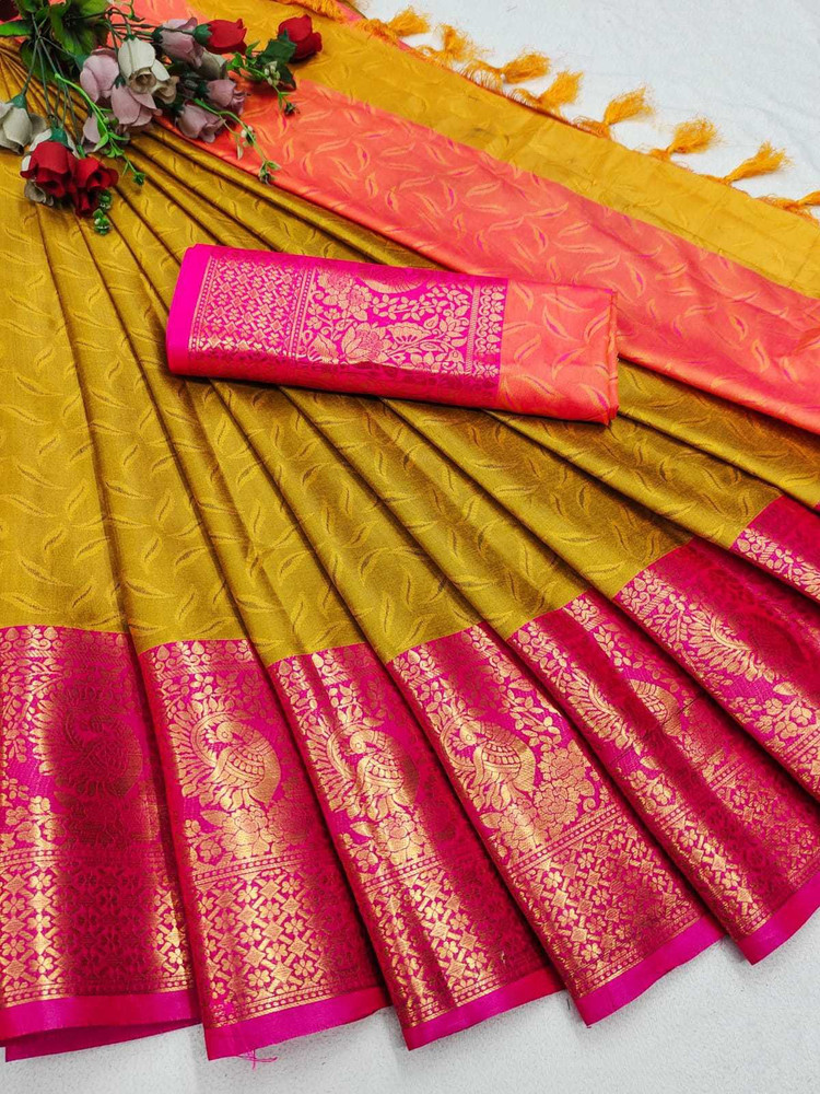 Buy AAGAM FASHION Woven Pochampally Cotton Silk Gold Pink Sarees
