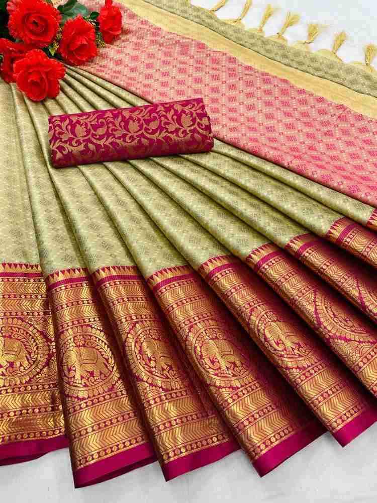 Buy Fancy Fab Printed Dharmavaram Cotton Silk Beige Sarees Online Best Price In India Flipkart
