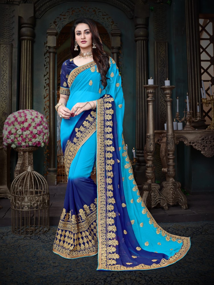 Dark blue embroidered silk blend saree with blouse - MANOHARI