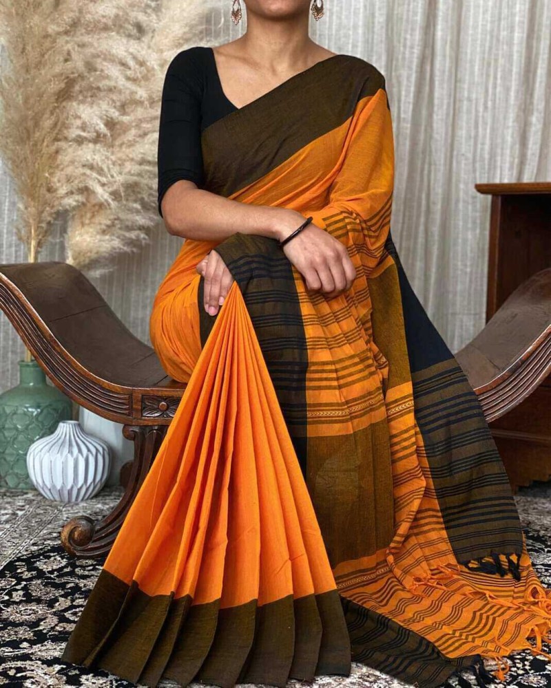 Buy Anuradha Bastralaya Striped Tant Cotton Blend Orange Black