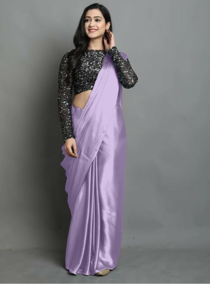 Lilac Satin Silk Saree With Black Unstitched Satin Silk Blouse