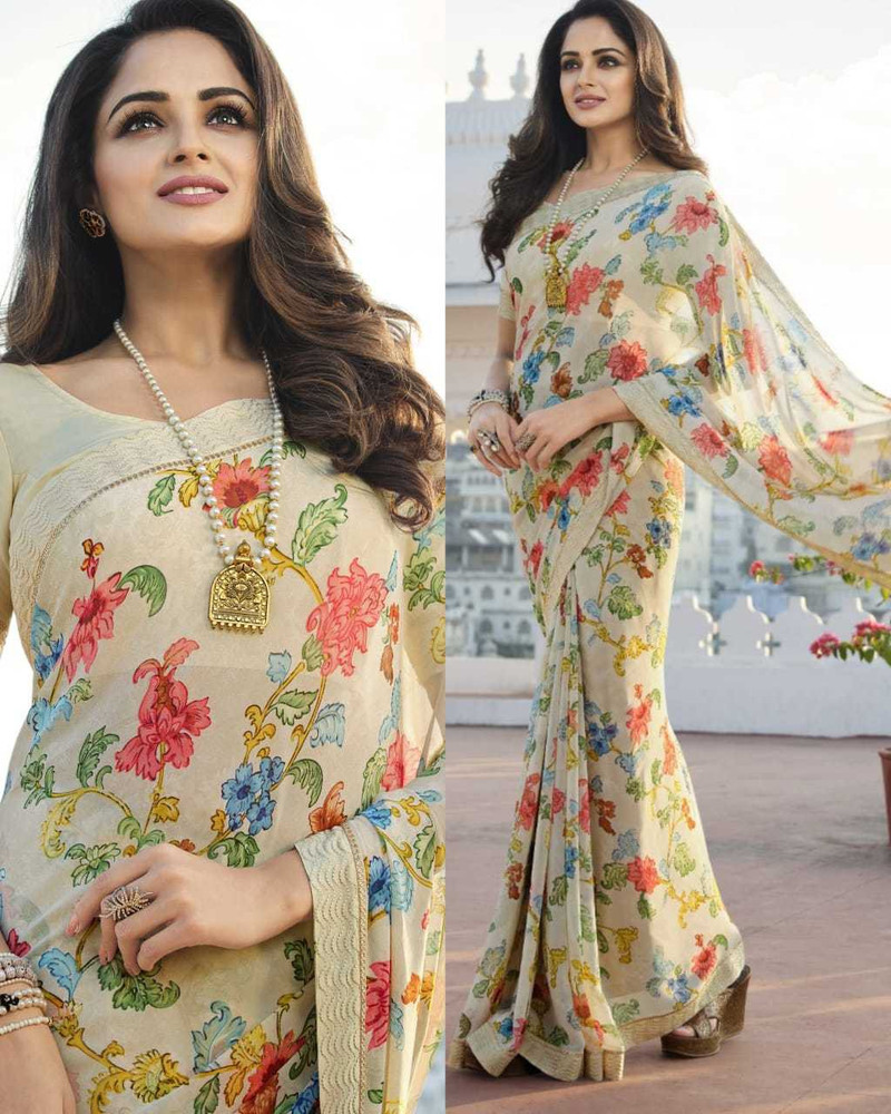 Buy PHORIA STYLE Printed Digital Print Hand Painted Graphic Print Floral Print Self Design Bollywood Georgette Chiffon White Pink Sarees Online Best Price In India Flipkart