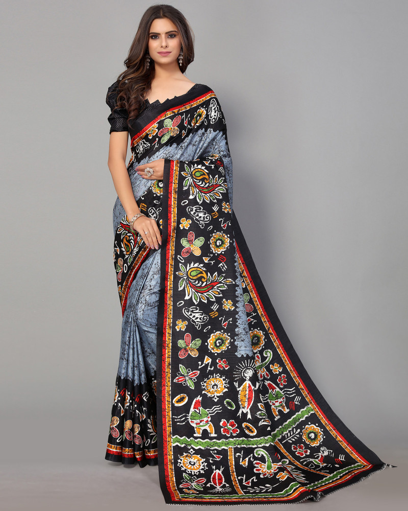 Buy BHAKARWADi Floral Print Kalamkari Tussar Silk Grey Sarees Online Best Price In India Flipkart