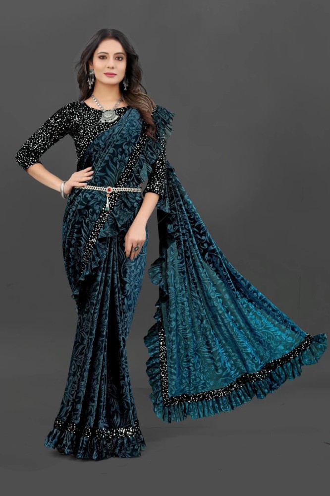 Buy For And Ever Printed, Digital Print, Embroidered, Floral Print,  Solid/Plain Bollywood Lycra Blend Light Blue Sarees Online @ Best Price In  India