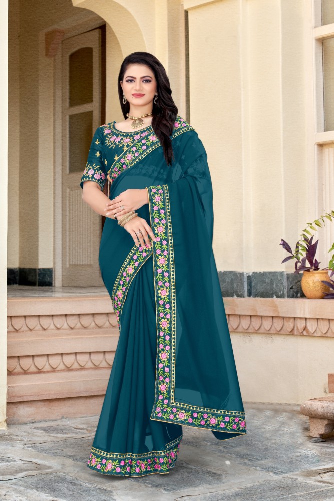 Georgette Bottle Green Velvet Saree, 6.3 m (with blouse piece) at