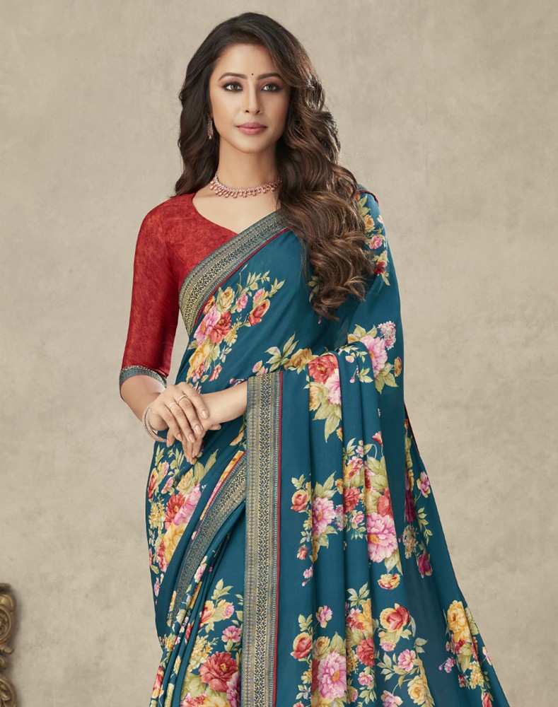 Buy SIRIL Floral Print Embellished Geometric Print Printed Bollywood Crepe Silk Blend Blue Red Multicolor Sarees Online Best Price In India Flipkart