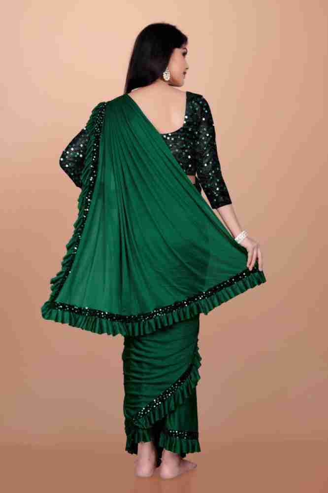 Georgette Sequin Ruffle Saree, Blouse Color: Green, Full Washable