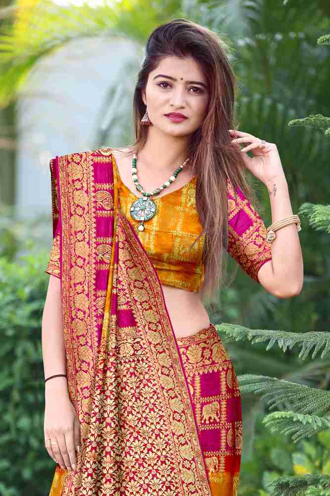 Buy jeravi Woven Banarasi Silk Blend Yellow Sarees Online Best Price In India Flipkart