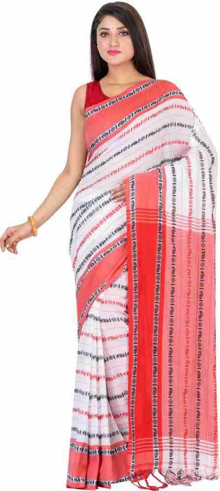 Buy SAYAN CREATION Striped Handloom Pure Cotton White, Pink Sarees