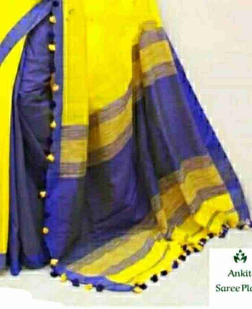 Buy Balika bodhu Solid/Plain Handloom Pure Cotton Blue, White Sarees Online  @ Best Price In India