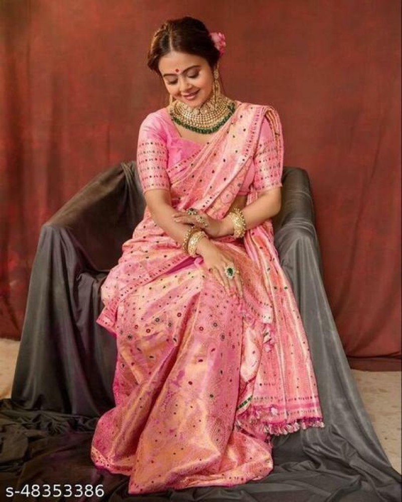 Buy Kyrila Woven Kanjivaram Jacquard, Pure Silk Pink Sarees Online