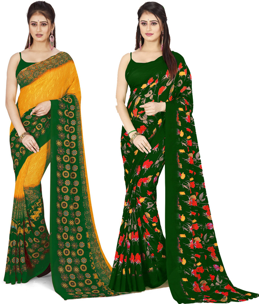Buy f cloth Printed Daily Wear Georgette Green Sarees Online Best Price In India Flipkart