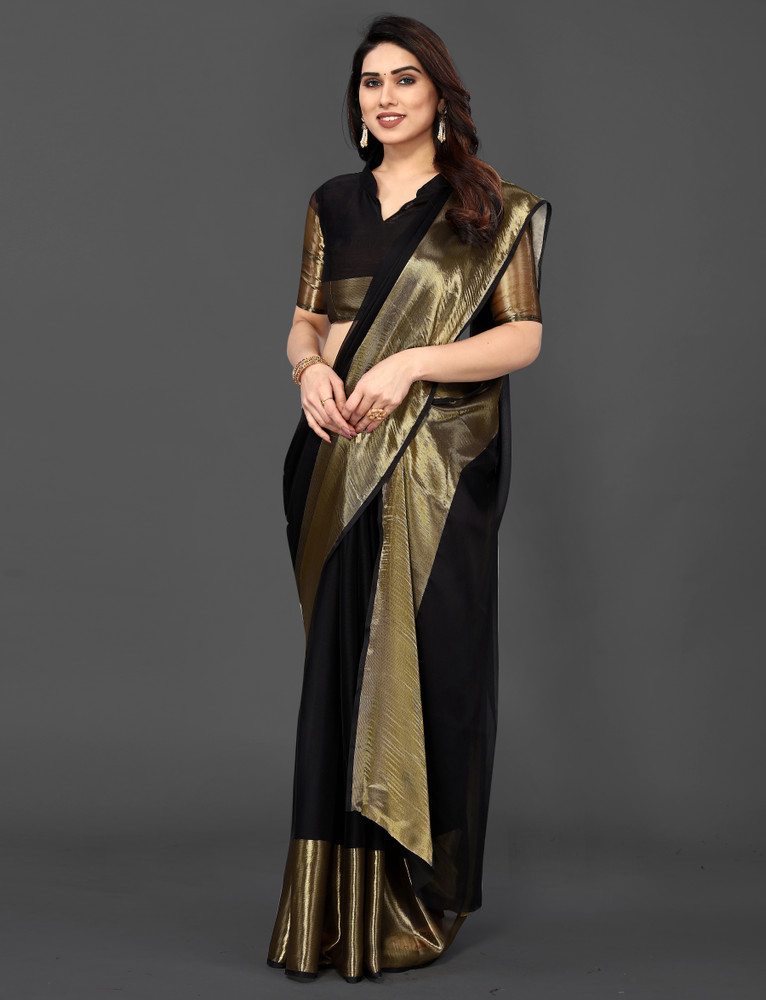 Details more than 147 black saree with golden border super hot kenmei