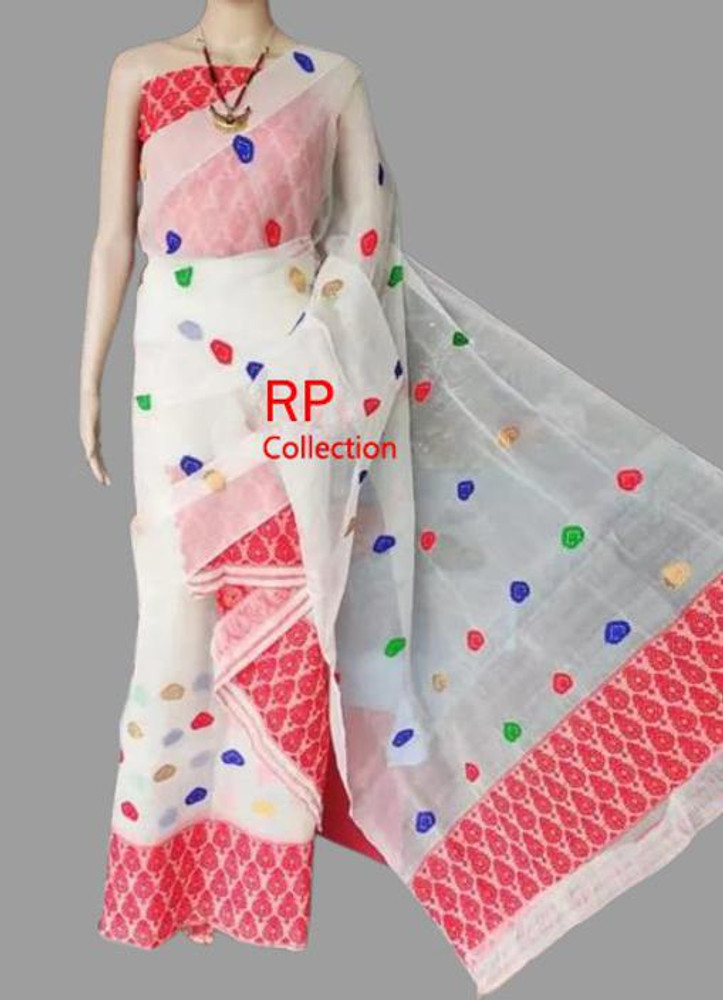 Buy RP Collection Woven Mekhela Chador Cotton Blend Red White