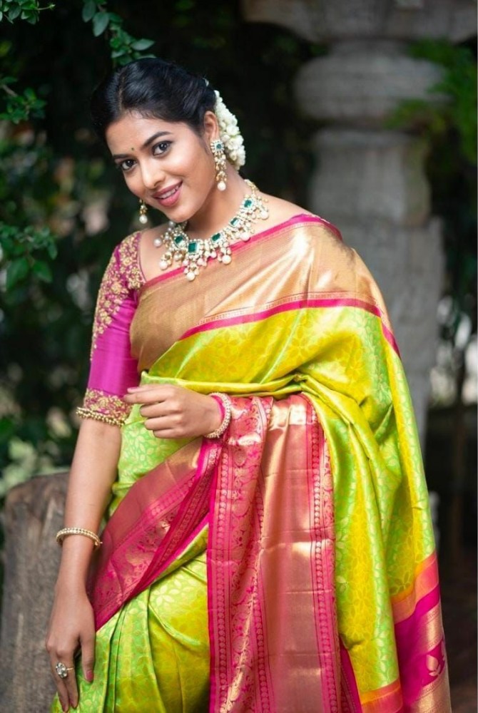 Parrot Green & Pink Tissue Silk Saree With Zari Weaving