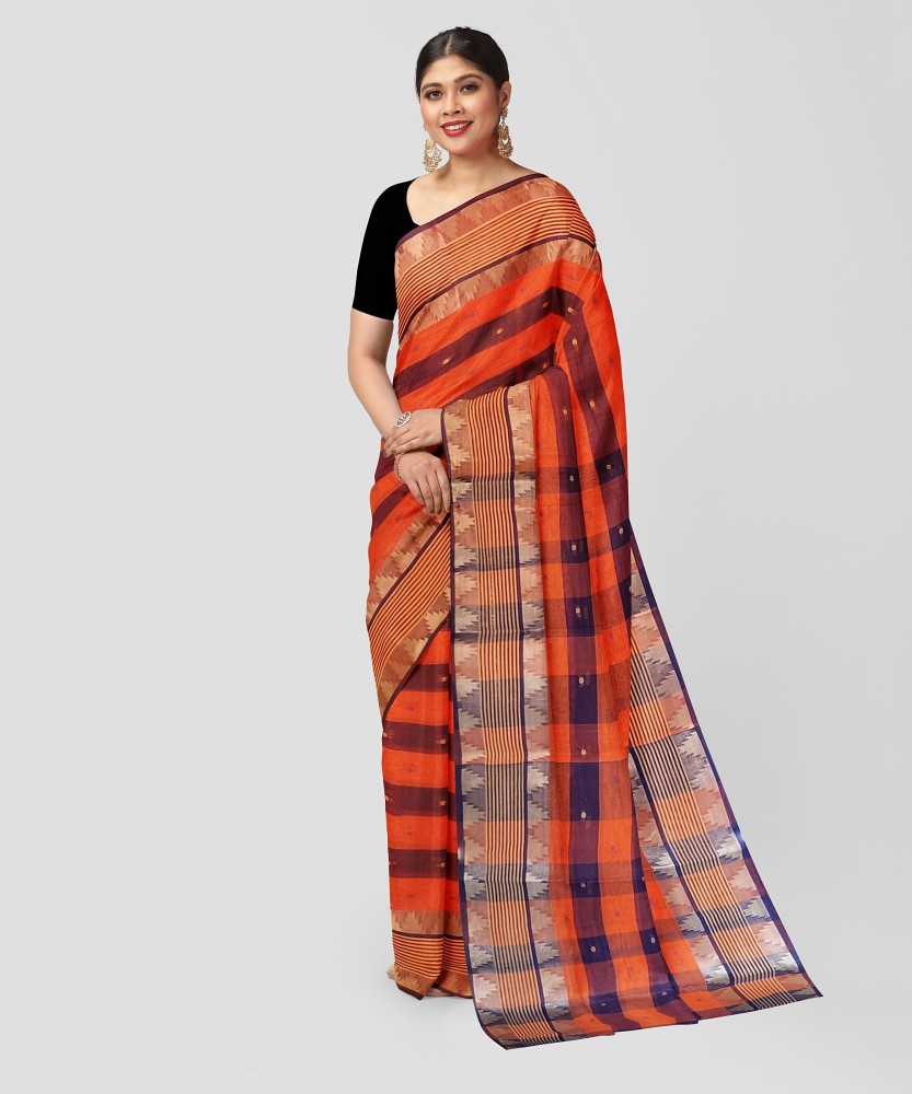 Buy Ganesh plastic and industry Woven Tant Pure Cotton Dark Blue, Orange  Sarees Online @ Best Price In India