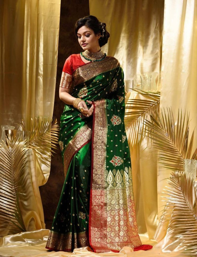 Buy ANJAVI FASHION Embroidered Banarasi Satin Green Sarees Online @ Best  Price In India