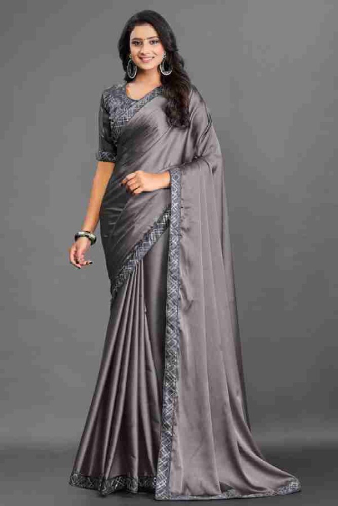 Buy guk Solid/Plain Bollywood Satin Grey Sarees Online @ Best