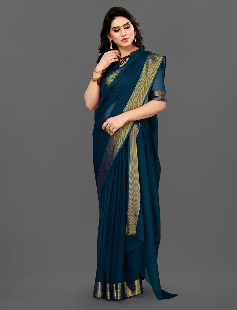 Buy FABWELL Solid Plain Bollywood Chiffon Dark Blue Sarees Online