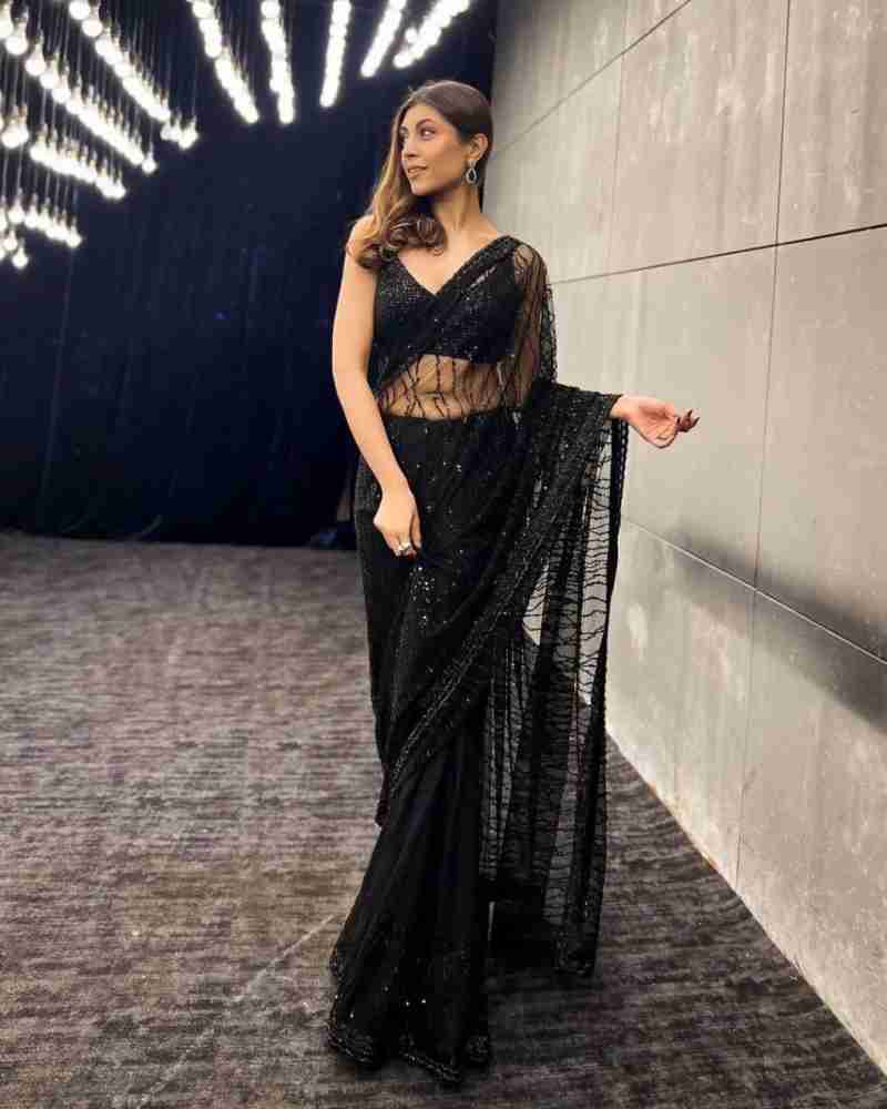 Black Net Heavy Sequence And Thread Embroidered Party Wear Saree