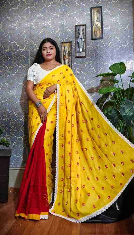 Yellow saree best sale with red blouse