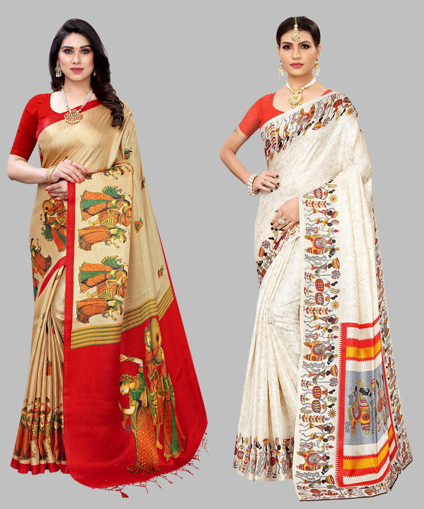 Buy Nirvaan Printed Digital Print Self Design Kalamkari Art Silk Brown Orange Sarees Online Best Price In India Flipkart