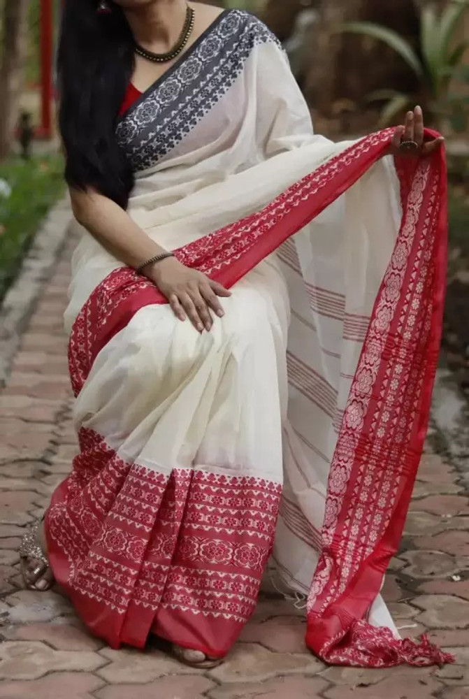 Shri Boutique Self Design Handloom Cotton Blend Saree