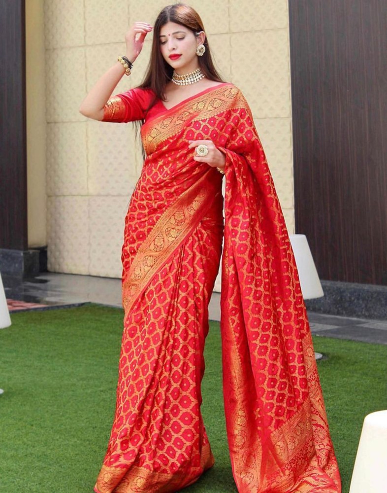 Buy sheladiya Printed Chanderi Cotton Silk Red Sarees Online @ Best Price  In India