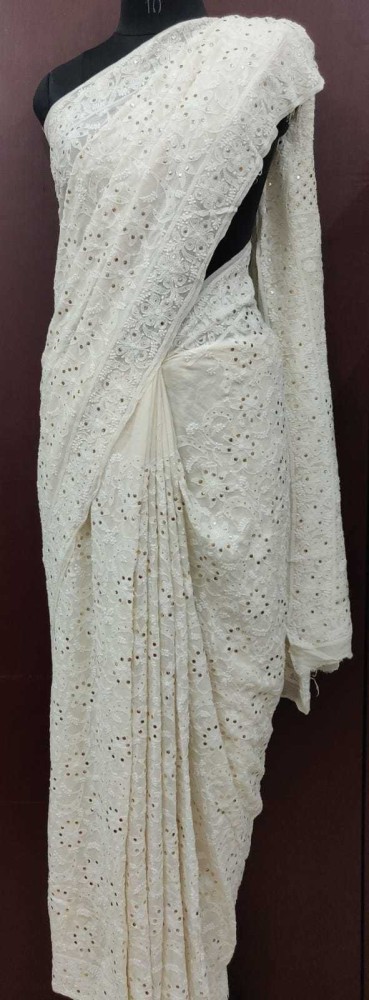 Buy Bong ButiQ Embellished Lucknow Chikankari Tissue White Sarees Online @  Best Price In India