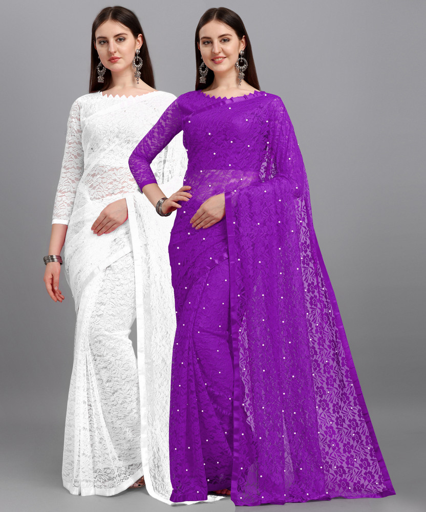 Buy LOROFY Self Design Bollywood Net Purple White Sarees Online