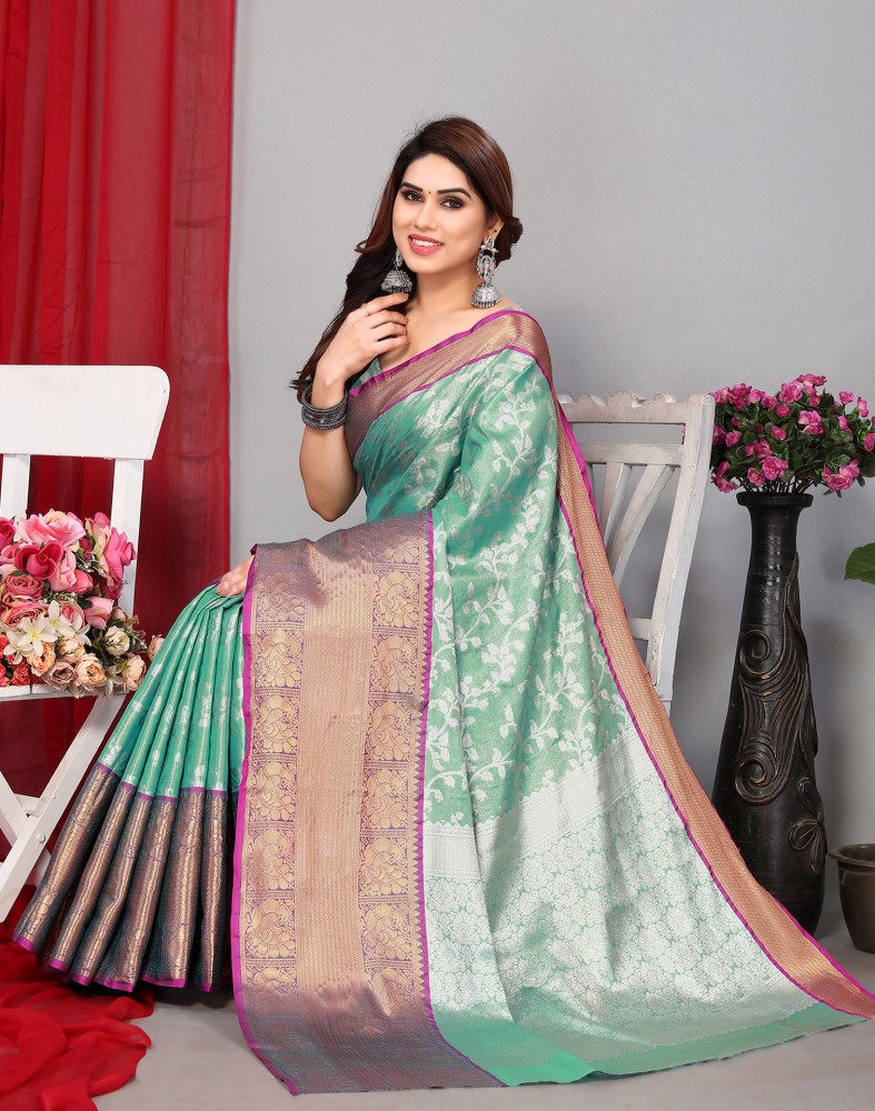 Buy Online Dark Green Chiffon Georgette Banarasi Sari | Silver Zari Border  – Pure Elegance