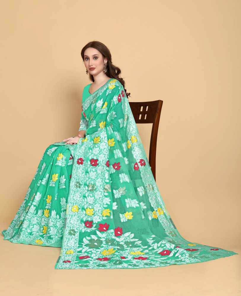 Buy linza Woven Jamdani Cotton Linen Green Sarees Online Best