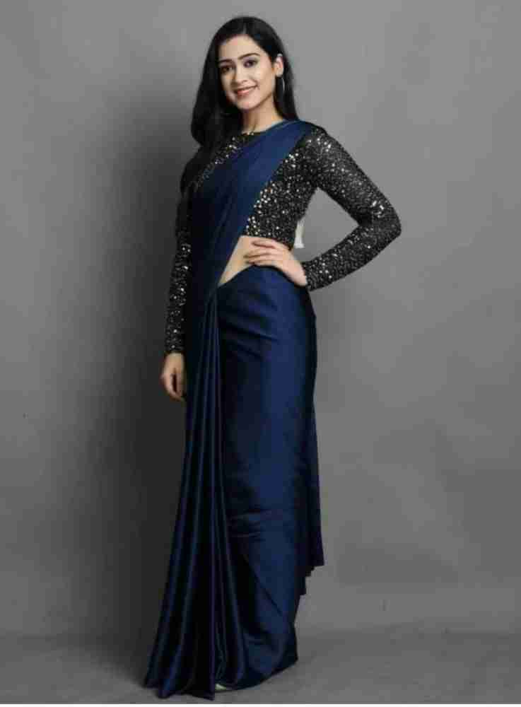 Navy blue shop plain satin saree