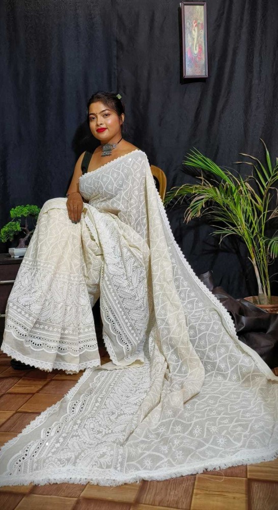 Buy SLAGHA Embellished Lucknow Chikankari Tissue White Sarees